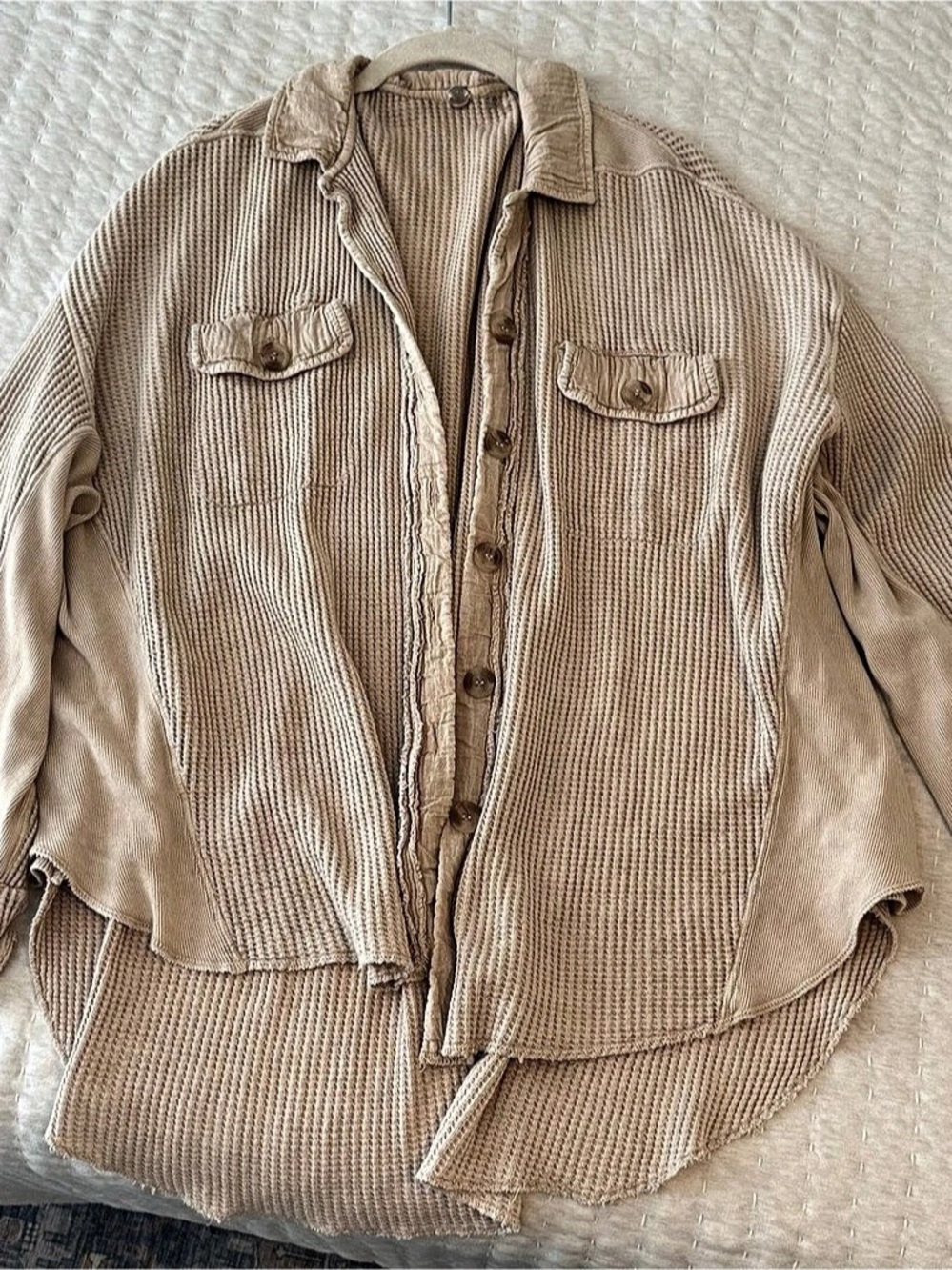 Free People Waffle Knit Button Down in Beige Size Small